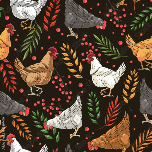 Birds chickens colorful seamless pattern