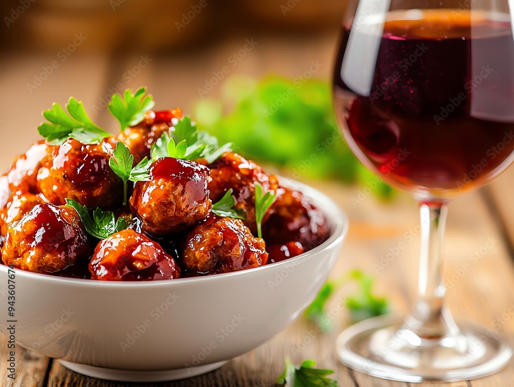 A bowl of Spanish albondigas, succulent meatballs in a rich tomato sauce, placed on a rustic table with fresh parsley and a glass of sangria beside it A bowl of Spanish albondigas, succulent meatballs in a rich tomato sauce, placed on a rustic table with fresh parsley and a glass of sangria beside it