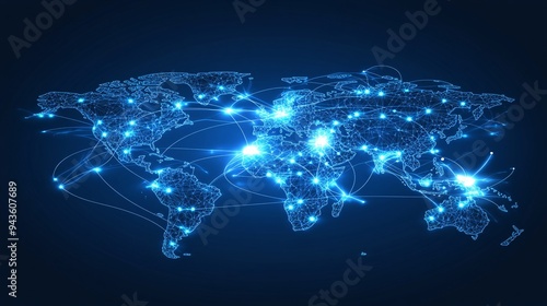 Blue world map with bright connection lines symbolizing global networking