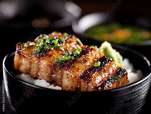 A closeup of a beautifully charred unagi grilled eel on a bed of rice, with a glossy glaze, served in a lacquered box with pickled ginger and a side of miso soup photo