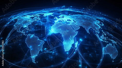Blue glowing lines forming a global network on a world map backdrop