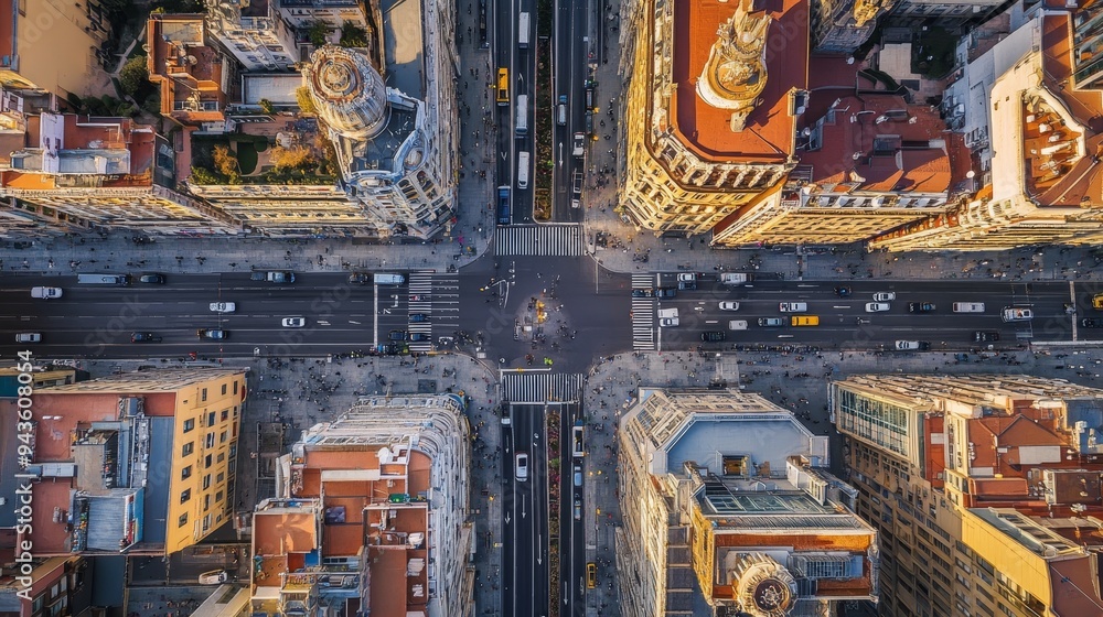Panoramic aerial view of Gran Via, the main shopping street in Madrid, the capital of Spain. Panoramic aerial view of Gran Via, the main shopping street in Madrid, the capital of Spain.