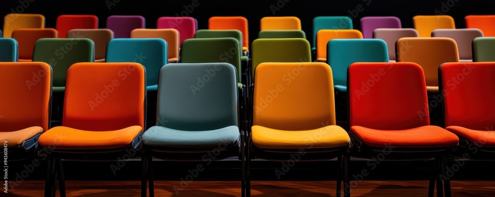 Fototapeta premium A vibrant array of colorful chairs arranged in rows, perfect for events, gatherings, or interior design inspiration.