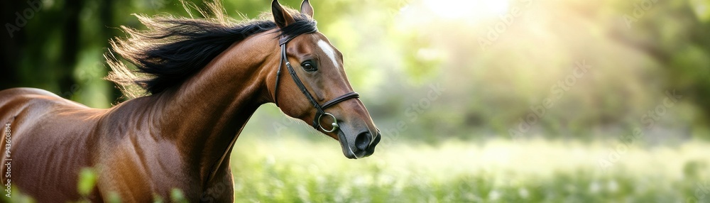 Obraz premium A majestic horse running freely in a sunlit meadow, showcasing grace and beauty in nature's serene environment.