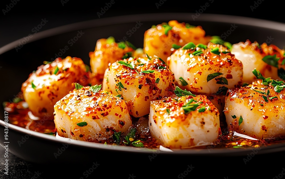 A closeup of bacalao a la vizcaina, a dish of cod in a rich tomato and red pepper sauce, garnished with parsley and served with boiled potatoes A closeup of bacalao a la vizcaina, a dish of cod in a rich tomato and red pepper sauce, garnished with parsley and served with boiled potatoes