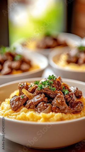 A closeup of Fegato alla Veneziana, tender slices of calfs liver sauteed with onions, served with creamy polenta on a simple white plate with a garnish of fresh parsley