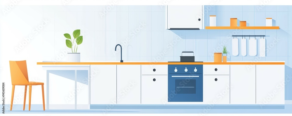 Fototapeta premium Elegant minimalist kitchen flat design side view efficient design theme cartoon drawing Triadic Color Scheme