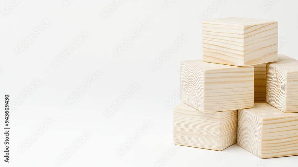 A stack of vanilla-colored wooden cubes featuring checkmarks is displayed on a blue surface, providing ample space for text and creative design elements A stack of vanilla-colored wooden cubes featuring checkmarks is displayed on a blue surface, providing ample space for text and creative design elements