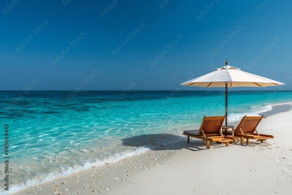 Fototapeta premium Serene Beach Scene with Wooden Chairs Under Umbrella Overlooking Turquoise Ocean and White Sand, Inviting Relaxation
