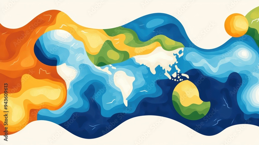 Climate anomalies flat design top view global weather patterns theme cartoon drawing Split-complementary color scheme Climate anomalies flat design top view global weather patterns theme cartoon drawing Split-complementary color scheme