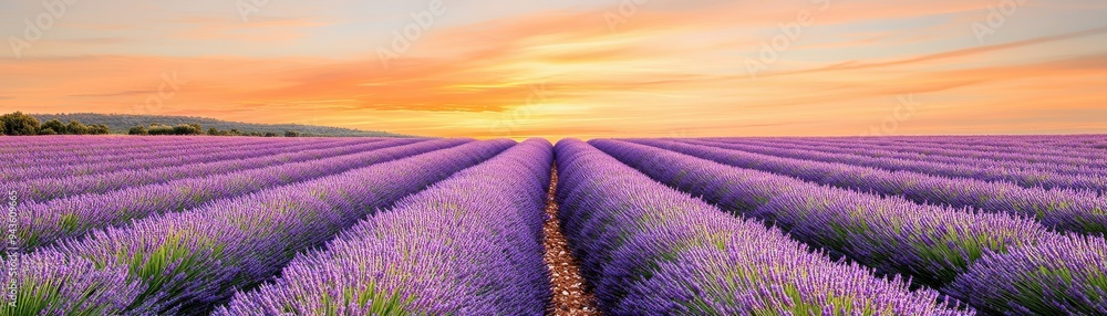 Obraz premium Vibrant lavender fields under a serene sunset, showcasing rows of purple flowers and a peaceful horizon.