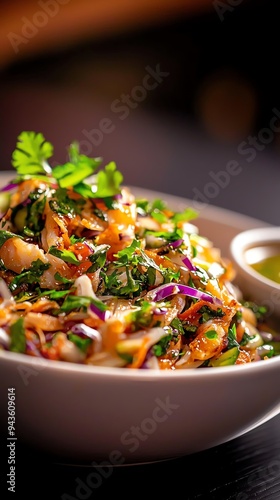 A detailed closeup of Yam Pla Dook Foo, crispy catfish salad with green mango, served on a white ceramic plate with a side of sweet and tangy dressing in a small porcelain bowl photo