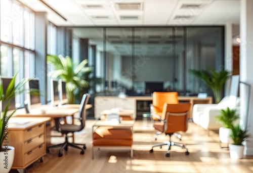 Modern bright office interior with furniture and daylight. Blurred background., ai