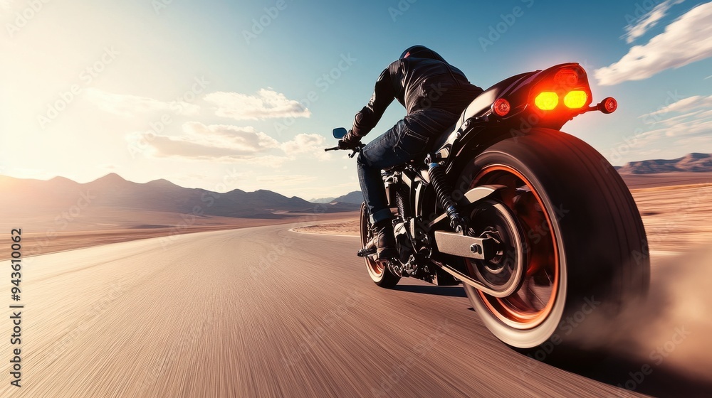 A motorcycle rider speeds down an open road, surrounded by stunning desert landscapes and a dramatic sunset. A motorcycle rider speeds down an open road, surrounded by stunning desert landscapes and a dramatic sunset.