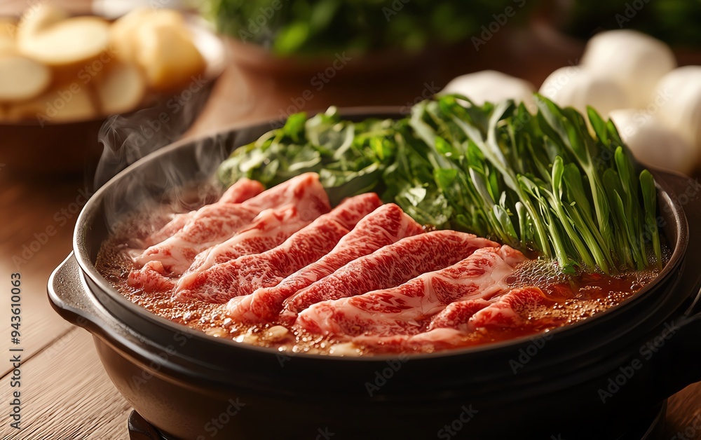 A dish of shabushabu, with thinly sliced beef and fresh vegetables ready to be cooked in a bubbling pot of broth, set on a wooden table in a cozy Japanese dining room