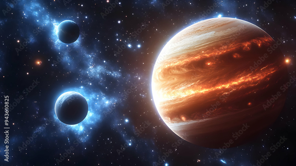 A fiery orange gas giant planet with swirling clouds and glowing blue nebulae in the background. A fiery orange gas giant planet with swirling clouds and glowing blue nebulae in the background.
