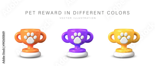 Set of pet awards in different colors. Vector templates in 3D cute style