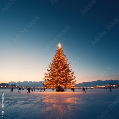Winter Wonderland: Skaters Gliding Around Christmas Tree on Frozen Lake