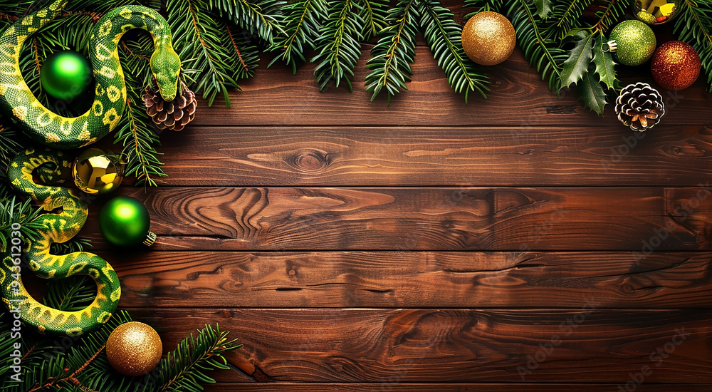 A green snake and branches of a Christmas tree with colorful balls on a brown wooden background A green snake and branches of a Christmas tree with colorful balls on a brown wooden background