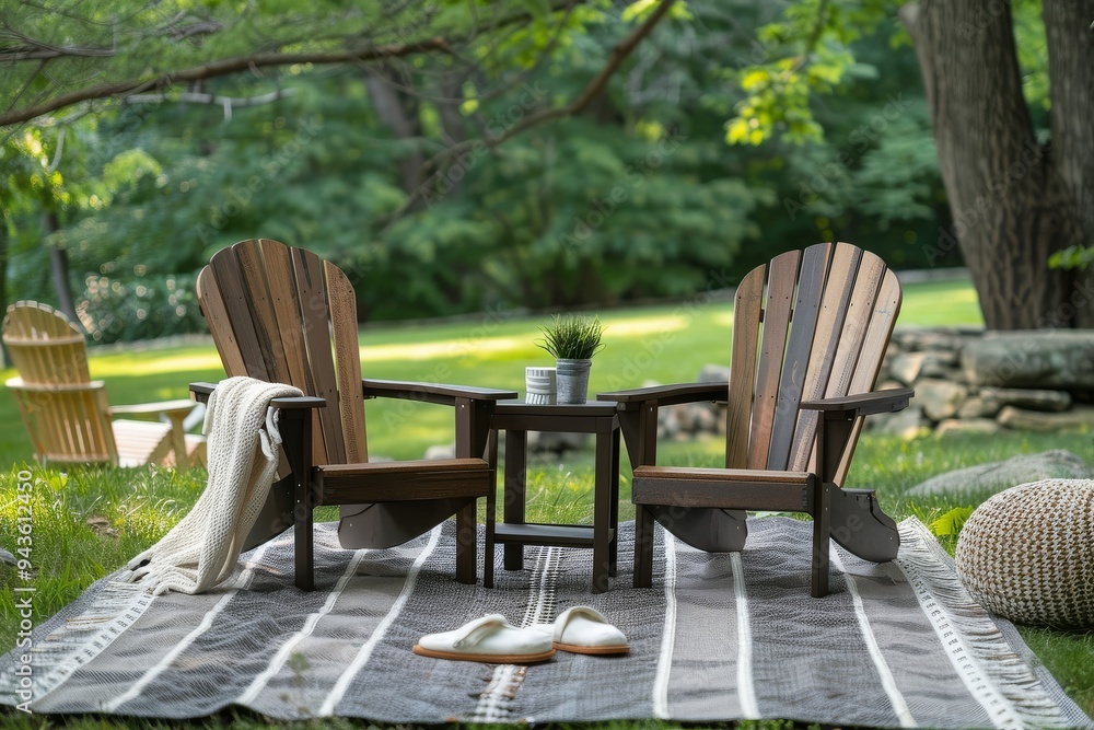Cozy Outdoor Garden Seating with Light Brown and Dark Chocolate Adirondack Chairs, Matching Cushions, and Minimalist Decor for Relaxation Cozy Outdoor Garden Seating with Light Brown and Dark Chocolate Adirondack Chairs, Matching Cushions, and Minimalist Decor for Relaxation