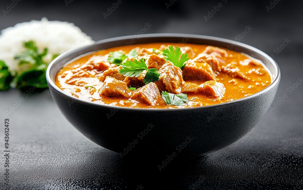 A rich and creamy bowl of Gaeng Hung Lay, Northern Thai pork belly curry, served in a traditional ceramic bowl with a side of sticky rice and fresh coriander garnish A rich and creamy bowl of Gaeng Hung Lay, Northern Thai pork belly curry, served in a traditional ceramic bowl with a side of sticky rice and fresh coriander garnish