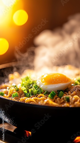 A rustic bowl of steaming hot ramen in a cozy, traditional Japanese wooden kitchen, with fresh green onions and softboiled egg, captured in warm, inviting lighting