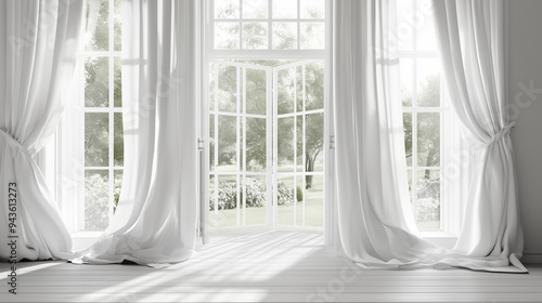 White curtain elegant open French doors bright sunlight minimal background serene backdrop natural light airy interior window wallpaper clean aesthetic backdrop copy space wedding party event lux sun