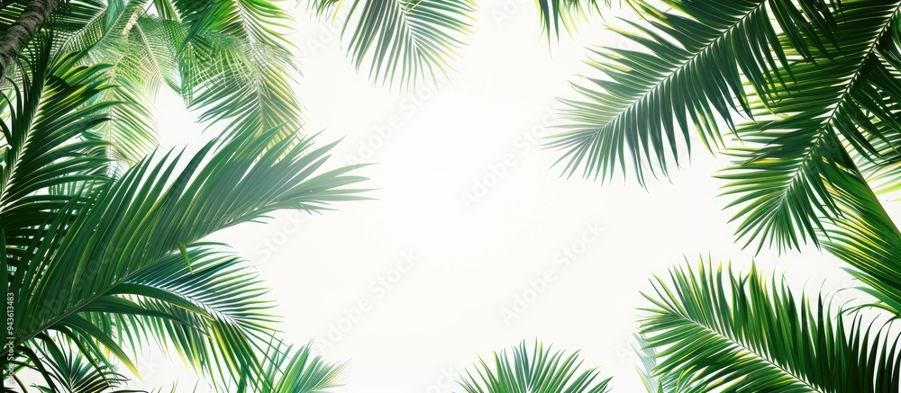 Clear white sky background with coconut tree leaves providing copy space image Clear white sky background with coconut tree leaves providing copy space image