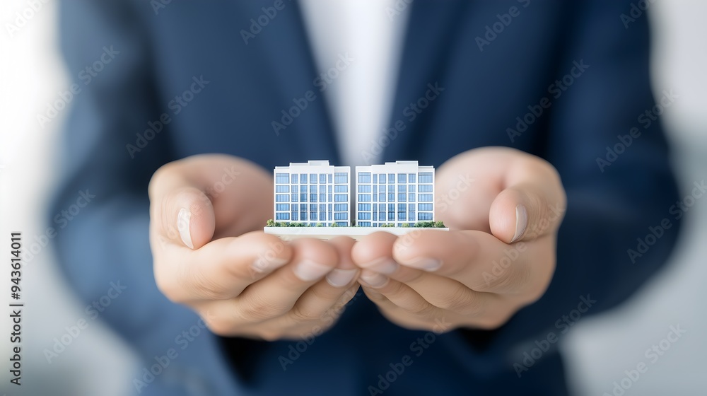 A businessperson in a suit holding a miniature model of modern office buildings. Professional image symbolizing real estate investment and urban development. A businessperson in a suit holding a miniature model of modern office buildings. Professional image symbolizing real estate investment and urban development.