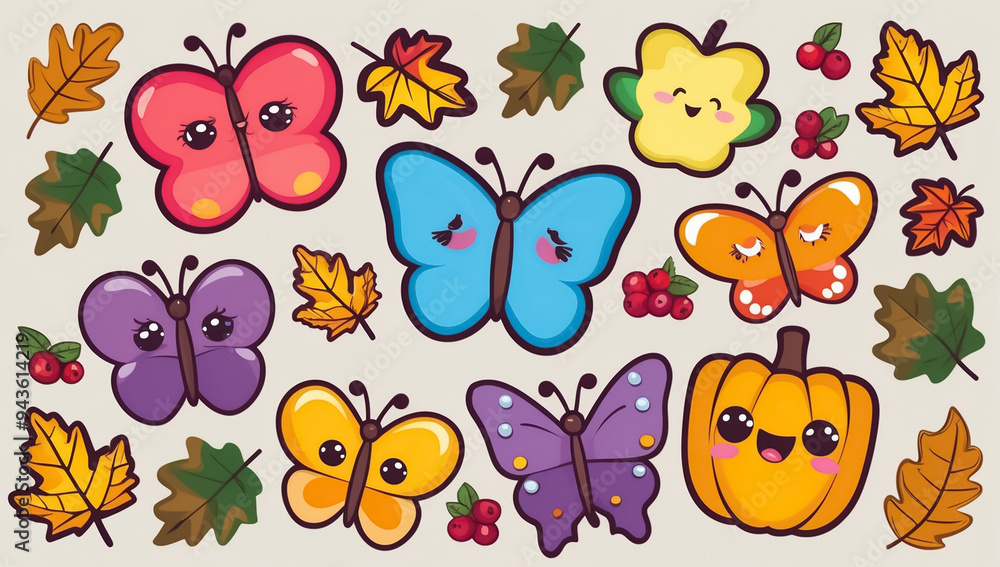 sticker set, different cute funny cartoon butterfly sticker set, different cute funny cartoon butterfly