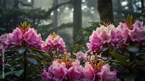 Pink roses in flower garden surrounded by trees