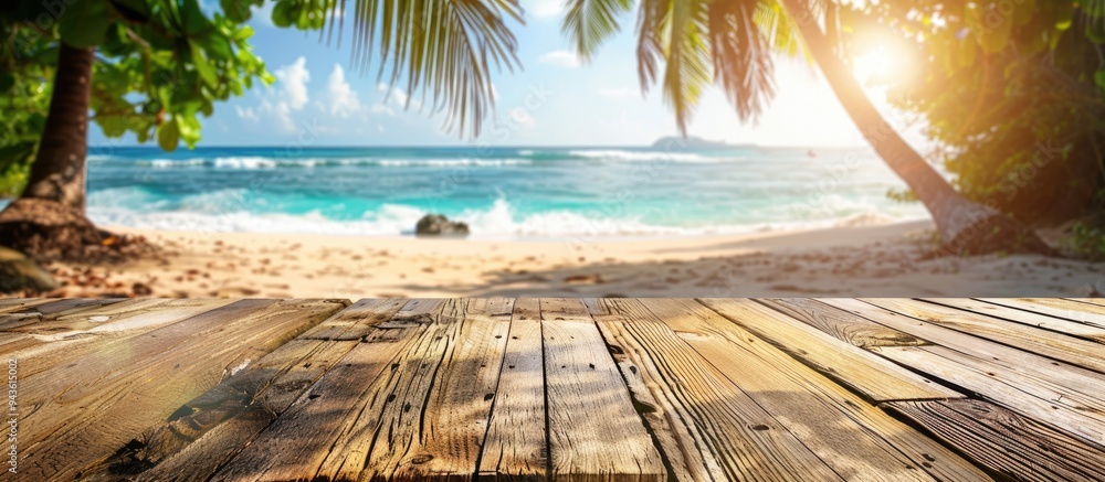 Wooden table featuring a sunny tropical beach background blurred to enhance focus ideal for showcasing summer products and presentations with copy space image