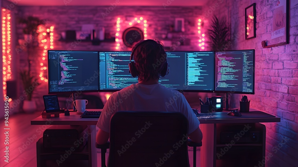 Programmer Reviewing Code on Multiple Screens Programmer Reviewing Code on Multiple Screens