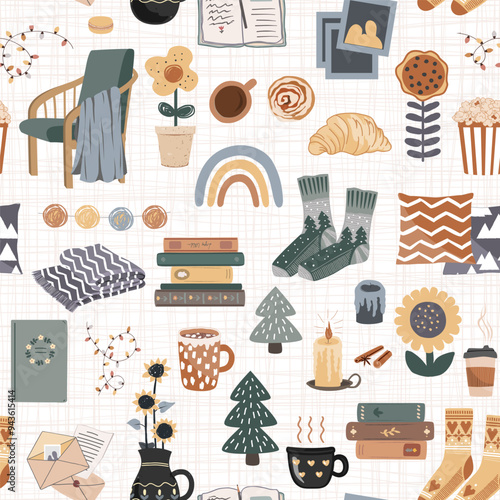 Hygge seamless pattern with cozy things - socks, books, sweets, drinks, home flowers, pillows, and chair. Design for greeting cards, gift boxes, wallpaper, wrapping paper