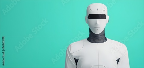 Futuristic humanoid robot with a minimalist design, set against a vibrant turquoise background, symbolizing advanced technology.
