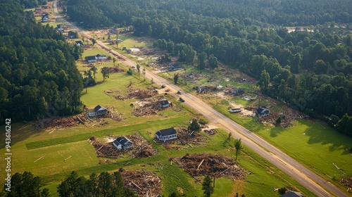 A heavily wooded area, now a disaster zone with homes buried under fallen trees