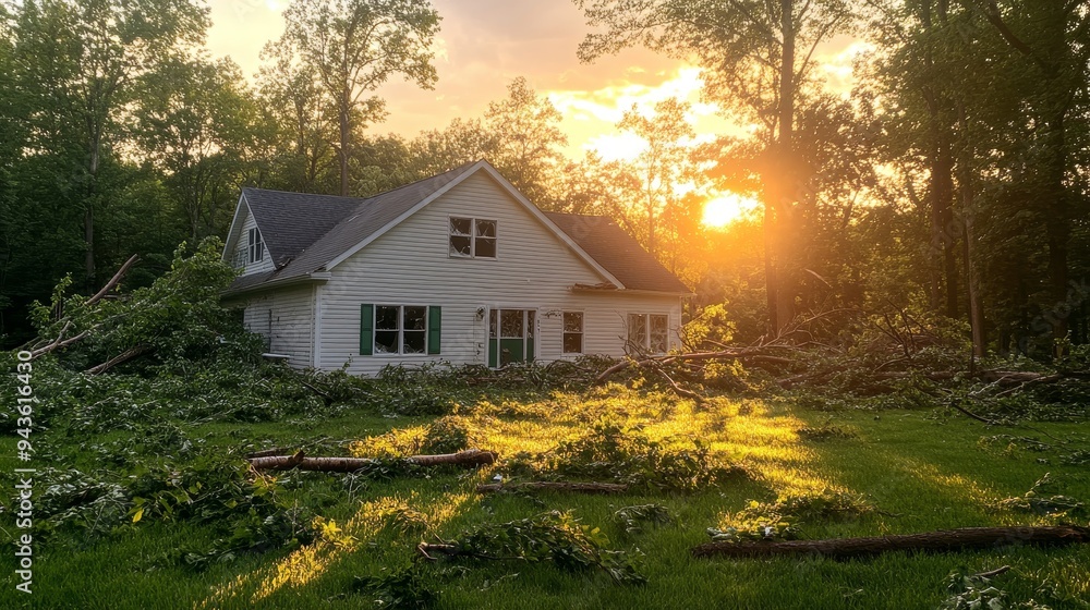 A home surrounded by fallen trees, its roof partially caved in from storm damage A home surrounded by fallen trees, its roof partially caved in from storm damage