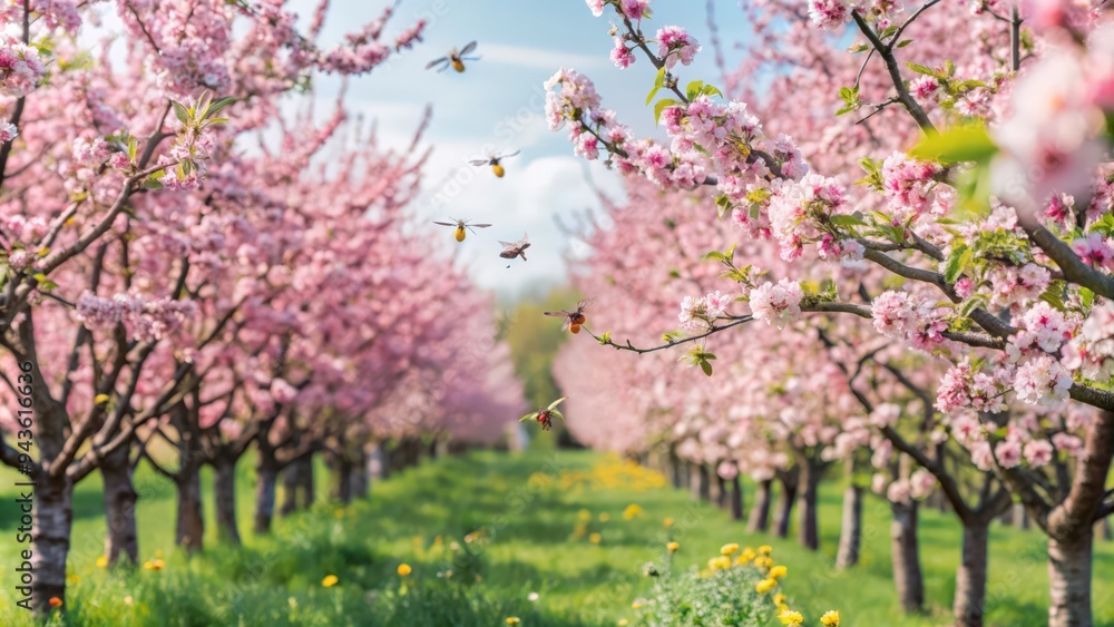 Fototapeta premium Bumblebees Flying Among Pink Blossoms in an Orchard