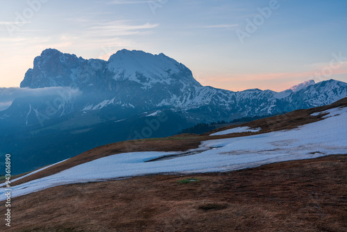 Panoramic view of the Langkofel Group from Seiser Alm in the Dolomites in South Tyrol, Italy. photo