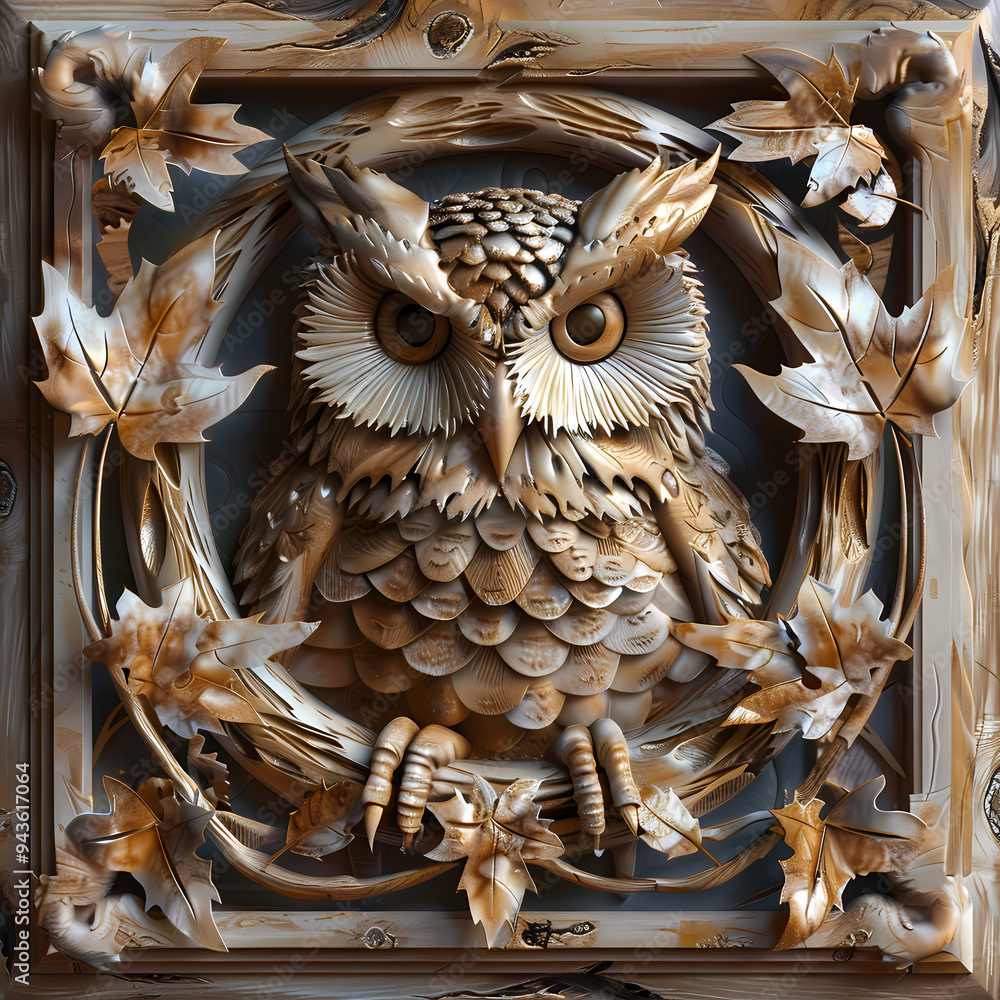 Wood carving 3D image of Owl in frame with depth map Wood carving 3D image of Owl in frame with depth map