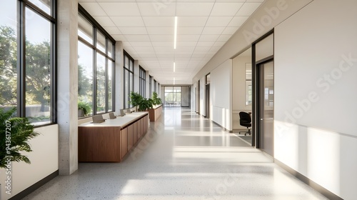 Wallpaper Mural Modern office corridor featuring large windows, sleek design, and decorative plants creating a bright and inviting atmosphere. Torontodigital.ca