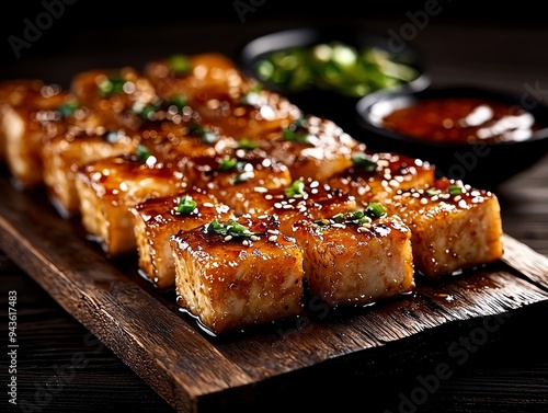 Anhuistyle stinky tofu, deepfried to a crispy texture, with a pungent, savory flavor, served on a wooden tray with pickled cabbage and chili sauce on the side photo