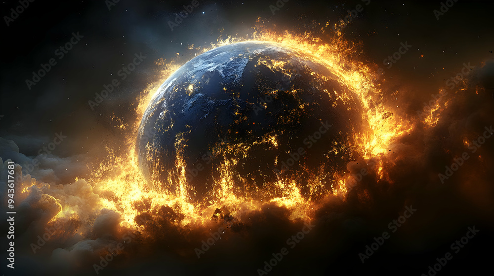 A fiery planet engulfed in flames with smoke and stars in the background. A fiery planet engulfed in flames with smoke and stars in the background.