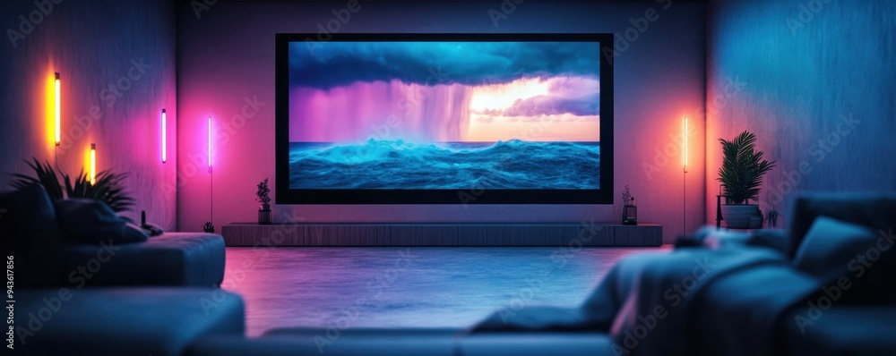A modern living room featuring vibrant lighting and a stunning TV display of ocean waves, creating a cozy atmosphere. A modern living room featuring vibrant lighting and a stunning TV display of ocean waves, creating a cozy atmosphere.