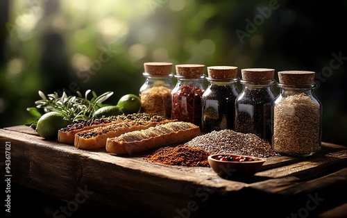 Australian bush tucker platter with native ingredients like finger lime, quandong, and wattleseed bread, shot on a rustic wooden table under natural sunlight photo