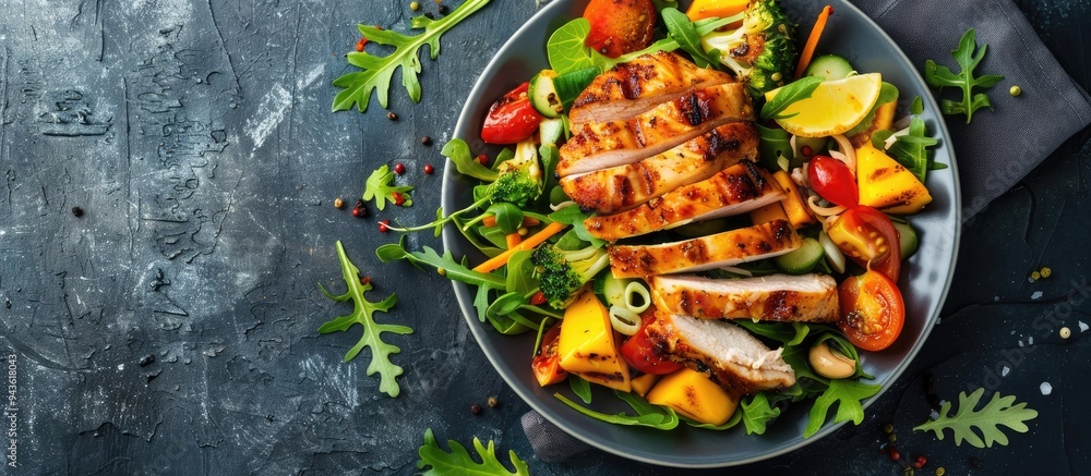 Crispy chicken fresh veggies and cheese on a salad with room for a copy space image Crispy chicken fresh veggies and cheese on a salad with room for a copy space image