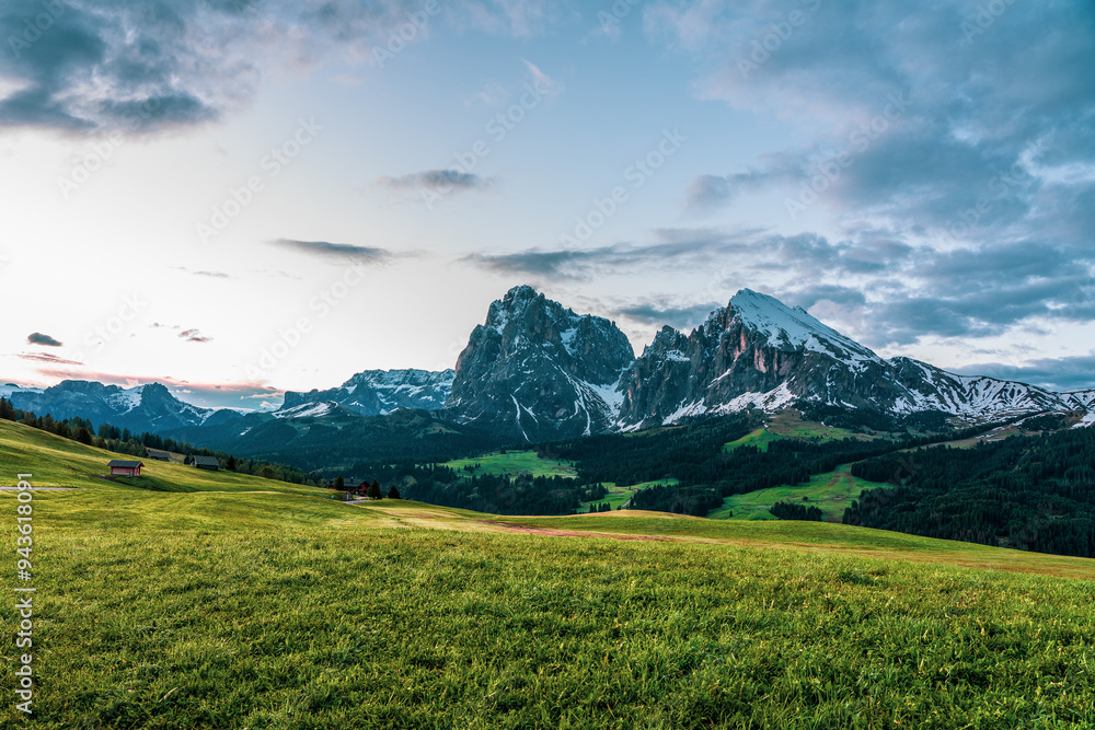 Panoramic view of the Langkofel Group from Seiser Alm in the Dolomites in South Tyrol, Italy. Panoramic view of the Langkofel Group from Seiser Alm in the Dolomites in South Tyrol, Italy.
