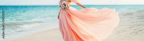 A graceful woman in a flowing pink dress enjoys a serene day at the beach, with gentle waves and soft sands in the background.