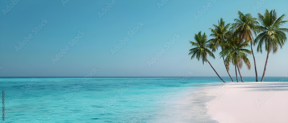 Tranquil beach scene featuring clear turquoise water and swaying palm trees under a bright blue sky. Tranquil beach scene featuring clear turquoise water and swaying palm trees under a bright blue sky.