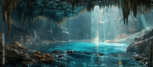 In a murky cave stalactites hang above a pool of water with copy space image